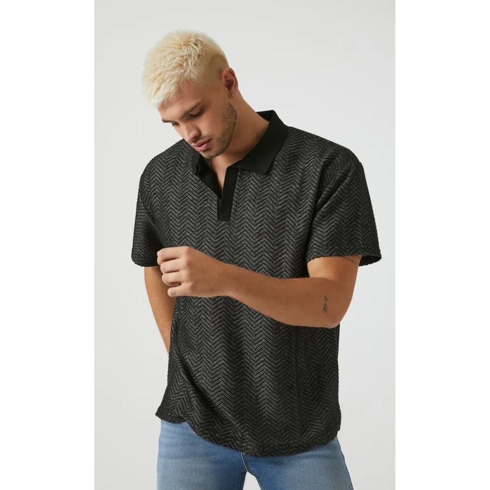 Forever 21 Men Chevron Boxy Knit Polo Shirt Black Grey Sz L Urban Preppy  Casual